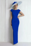 Sheath Chiffon Blue Bateau Neck Cap Sleeves Long Mother of the Bride Dress