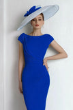 Sheath Chiffon Blue Bateau Neck Cap Sleeves Long Mother of the Bride Dress