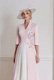 Candy Pink Floral A Line High Neck Pleated Long Mother of the Bride Dress