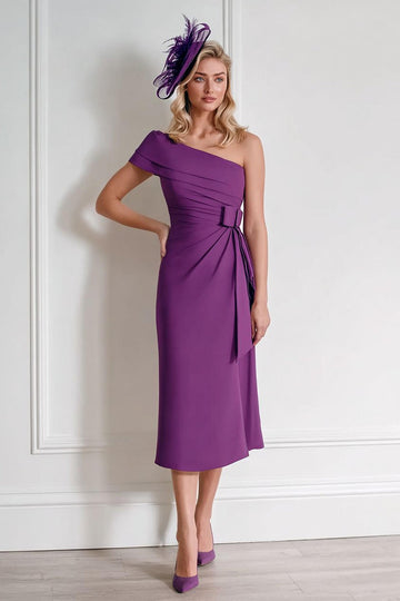 Grape Chiffon One Shoulder Sheath Long Mother of the Bride Dress with Bow