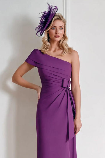 Grape Chiffon One Shoulder Sheath Long Mother of the Bride Dress with Bow