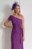 Grape Chiffon One Shoulder Sheath Long Mother of the Bride Dress with Bow