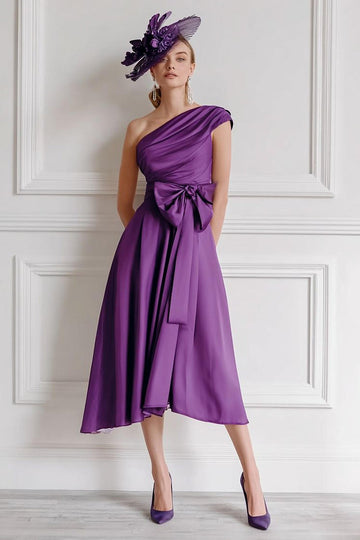 Chiffon Grape One Shoulder A Line Long Mother of the Bride Dress with Bow