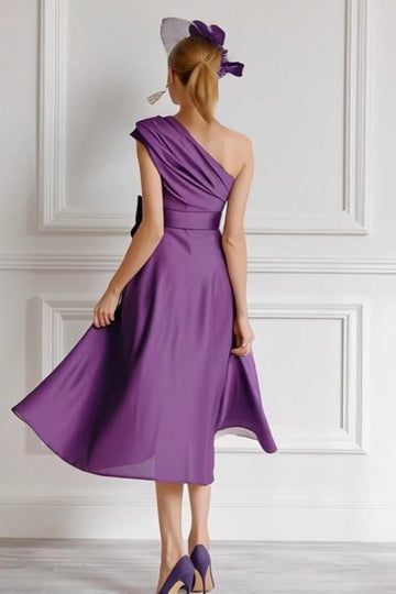 Chiffon Grape One Shoulder A Line Long Mother of the Bride Dress with Bow