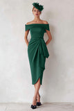 Off the Shoulder Dark Green Sheath Ruched Long Mother of the Bride Dress
