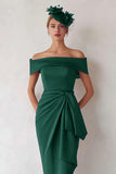 Off the Shoulder Dark Green Sheath Ruched Long Mother of the Bride Dress
