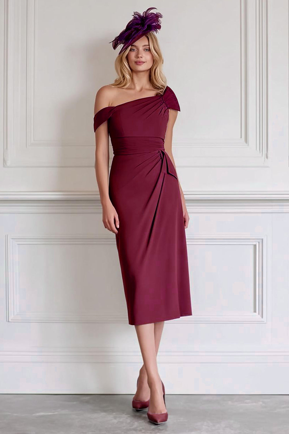 Off the Shoulder Burgundy Sheath Chiffon Long Mother of the Bride Dress