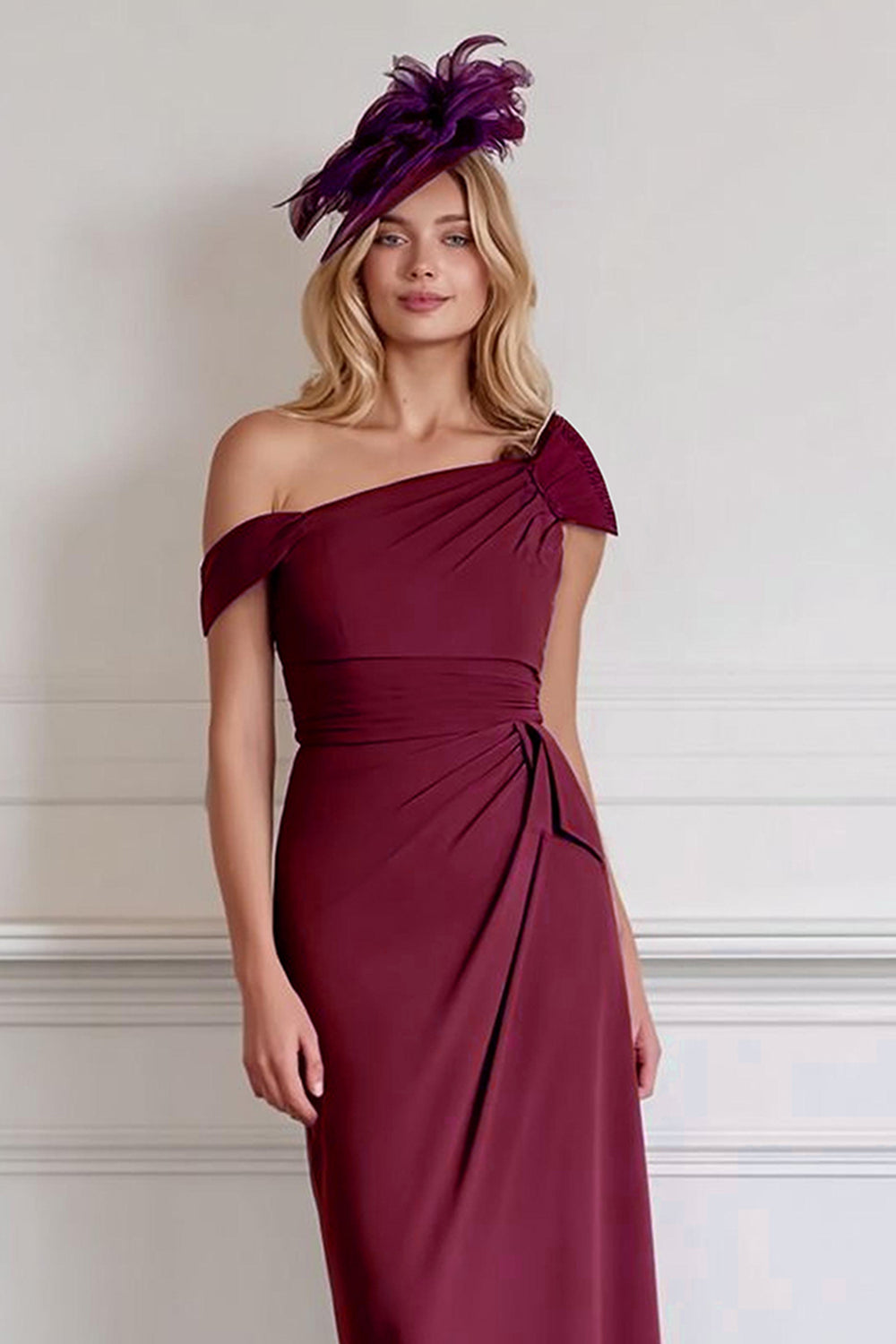 Off the Shoulder Burgundy Sheath Chiffon Long Mother of the Bride Dress
