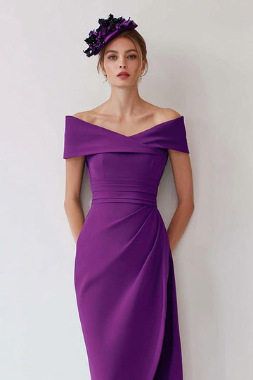 Grape Off the Shoulder Sheath Long Mother of the Bride Dress with Slit
