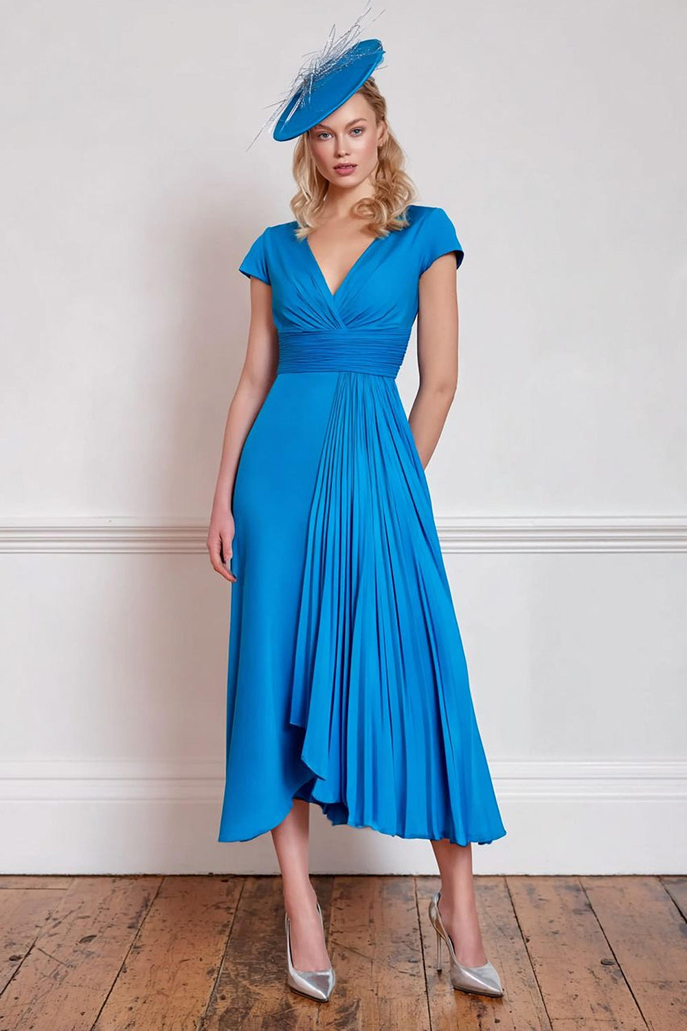 Chiffon Blue A Line V Neck Pleated Long Mother of the Bride Dress with Sleeves