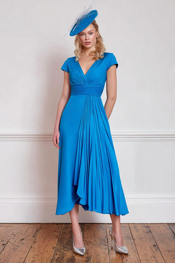 Chiffon Blue A Line V Neck Pleated Long Mother of the Bride Dress with Sleeves