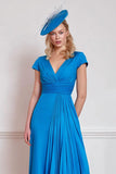 Chiffon Blue A Line V Neck Pleated Long Mother of the Bride Dress with Sleeves