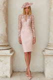 Blush Pink Lace Sheath Stretch Satin Midi Mother of the Bride Dress with Sleeves