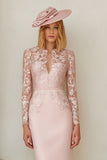 Blush Pink Lace Sheath Stretch Satin Midi Mother of the Bride Dress with Sleeves