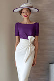 Grape Pencil Chiffon Boat Neck Midi Mother of the Bride Dress with Bow