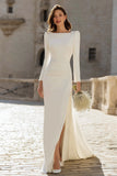 Ivory Bateau Neck Bodycon Satin Wedding Dress with Split