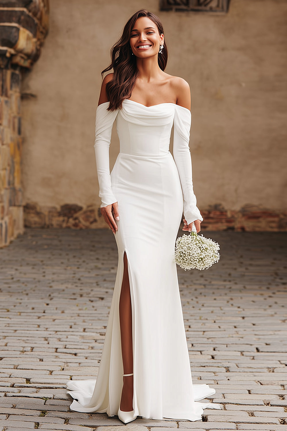 Ivory Mermaid Off The Shoulder Long Sleeves Wedding Dress with Slit