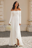 Ivory Satin Sheath Off The Shoulder Asymmetrical Wedding Dress with Sleeves