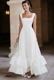 Ivory Square Neck A Line Satin Long Wedding Dress with Ruffles