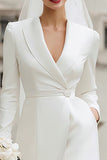 Ivory Crepe Shawl Lapel Short Wedding Dress with Sleeves