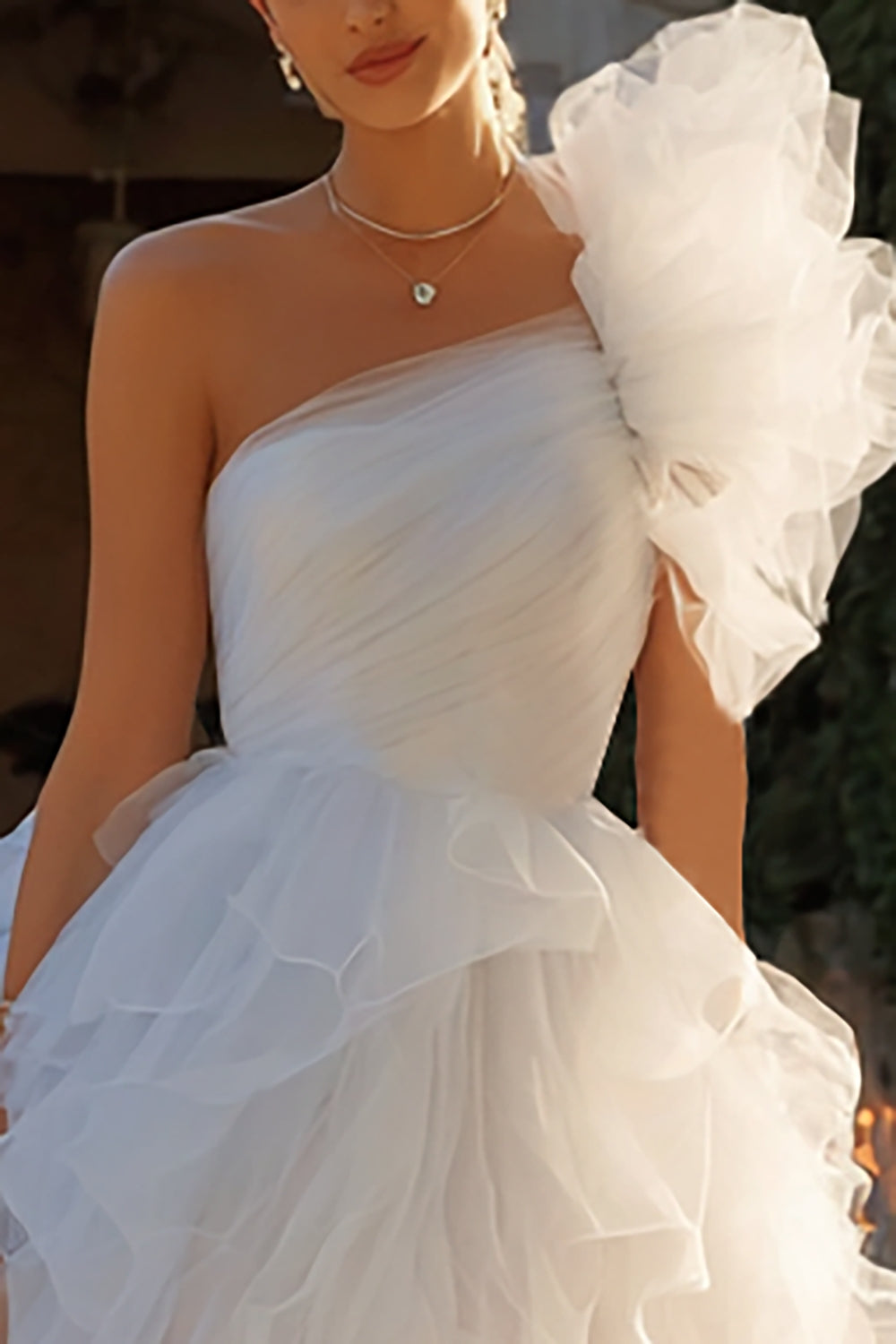Ivory Tulle A Line One Shoulder Short Wedding Dress with Ruffles