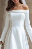 Ivory Satin A Line Off The Shoulder Midi Wedding Dress with Sleeves