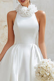 White A Line Halter Wedding Dress with Ruffles