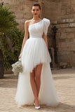 Ivory Tulle A Line One Shoulder High Low Wedding Dress