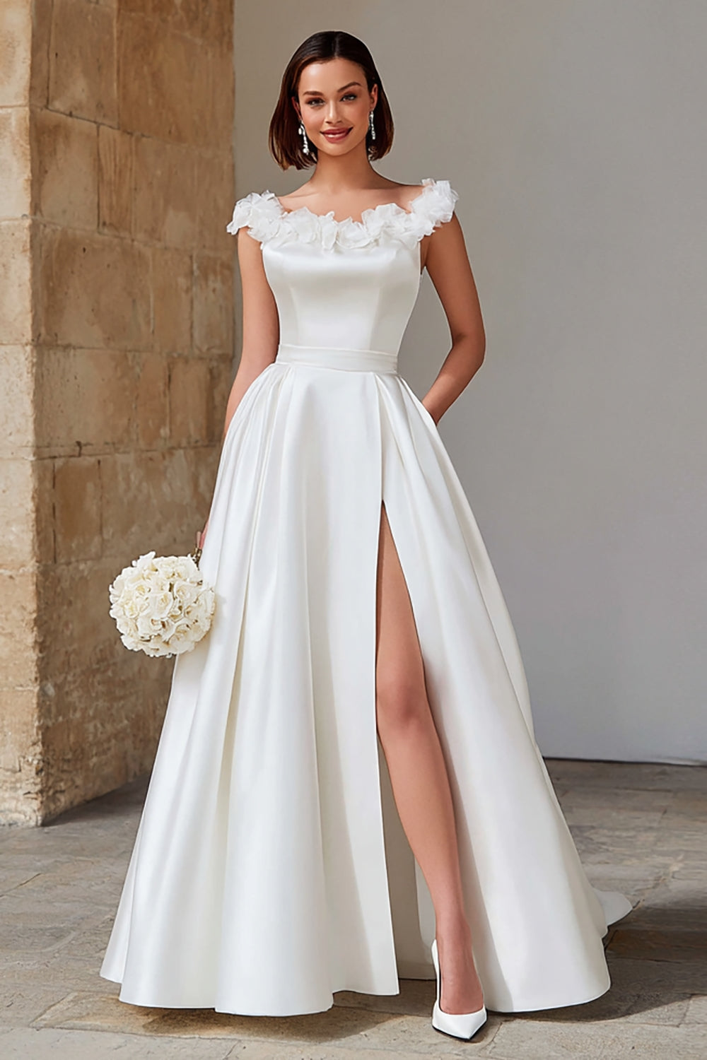 Ivory Satin A Line Sweep Train Wedding Dress with Slit