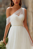 Simple Ivory Tulle Asymmetrical Neck Long Wedding Dress