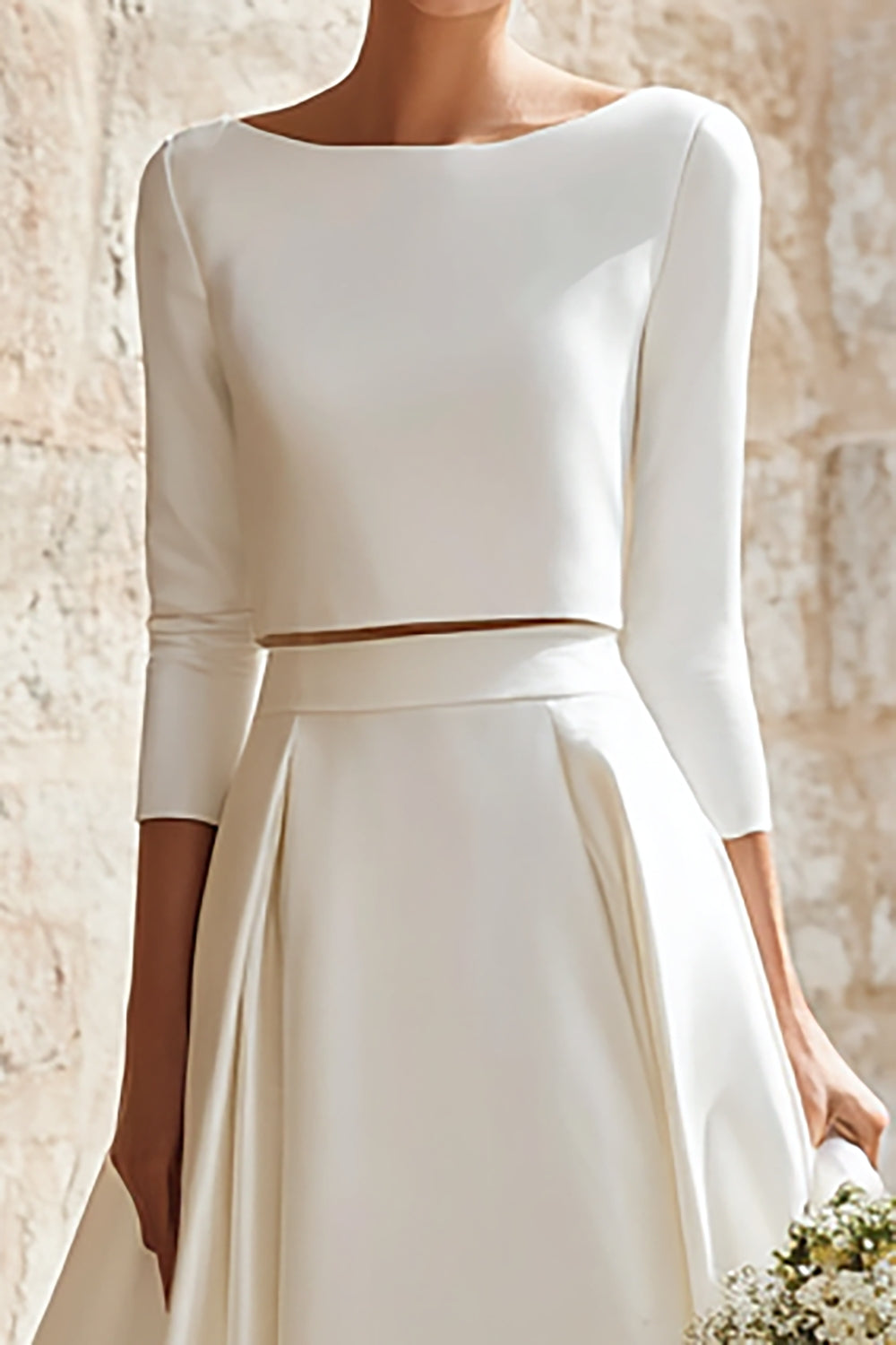 Ivory Boat Neck Satin 2 Piece Sweep Train A Line Wedding Dress