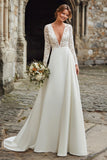 Ivory Beach Deep V-Neck A Line Wedding Dress with Lace