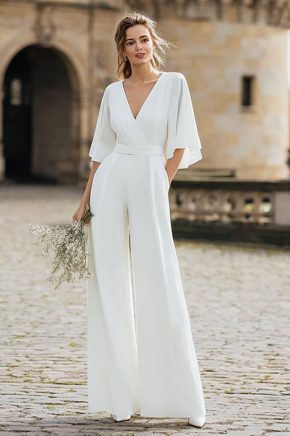 Simple Ivory V-Neck Wedding Jumpsuit with Pocket