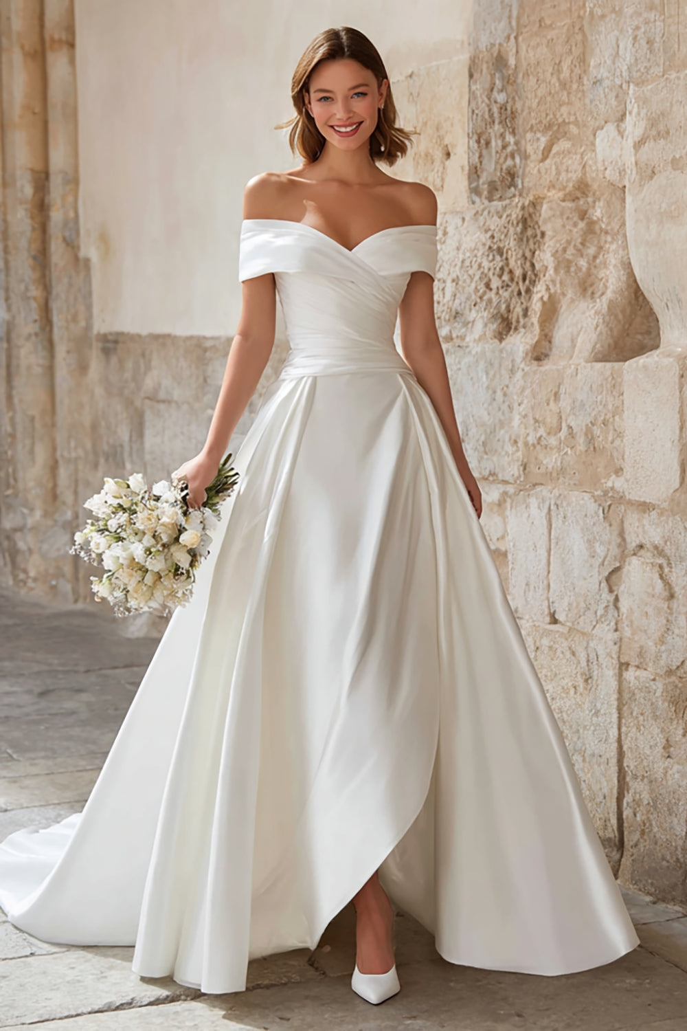 Elegant Ivory A Line Satin Sweep Train Wedding Dress