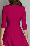 Fuchsia V Neck A Line Satin Midi Work Dress