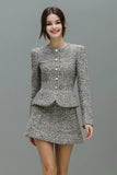 Grey 2 Piece Tweed Single Breasted Short Work Dress with Sleeves
