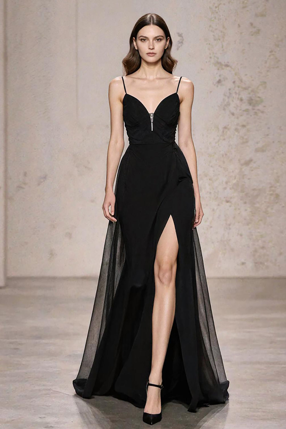 A Line Spaghetti Straps Black Tie Dress with Slit