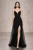 A Line Spaghetti Straps Black Tie Dress with Slit