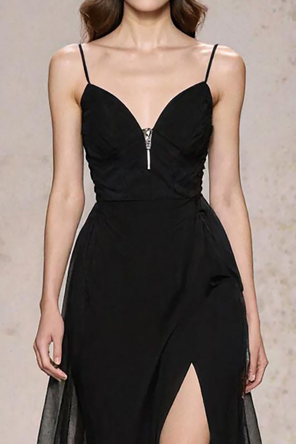 A Line Spaghetti Straps Black Tie Dress with Slit