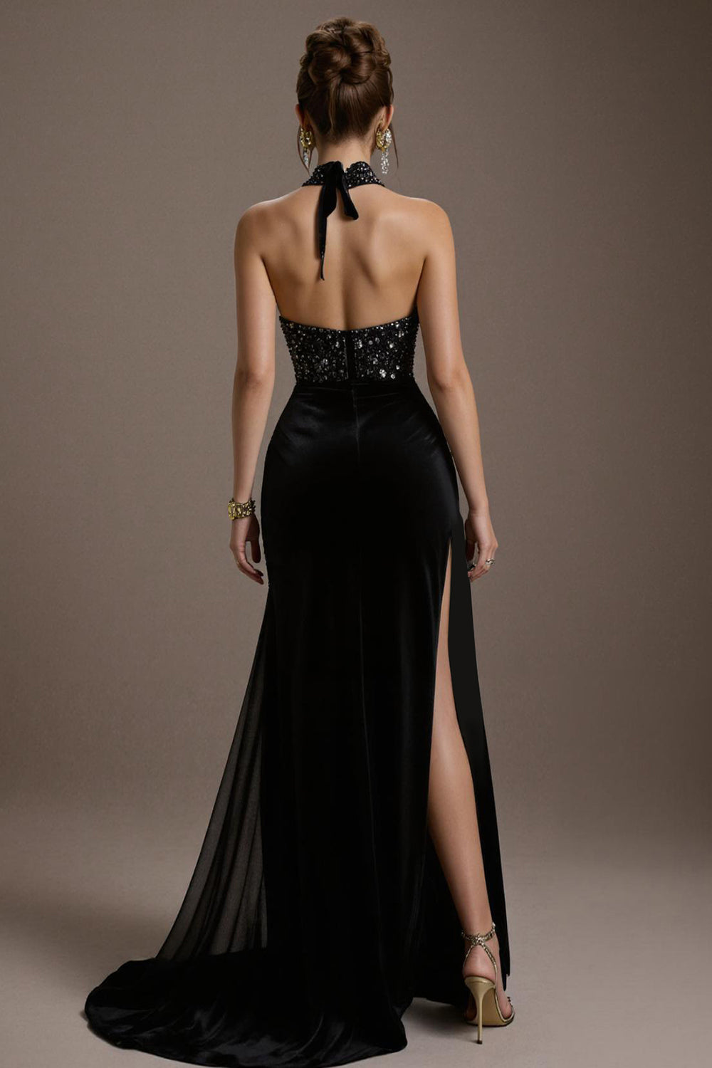 Halter Sequin Black A Line Pageant Dress with Slit
