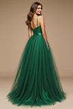 Green Spaghetti Straps A-Line Long Pageant Dress