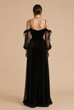 Black A Line Cold Shoulder Long Black Tie Dress with Sleeves