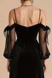 Black A Line Cold Shoulder Long Black Tie Dress with Sleeves