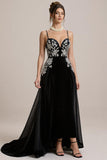 Black A Line Spaghetti Straps Long Black Tie Dress with Appliques
