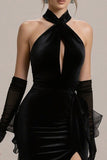 Black Sheath Halter Keyhole Long Black Tie Dres with Slit