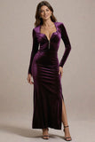 Plum Sheath Long Sleeves Black Tie Dress with Slit