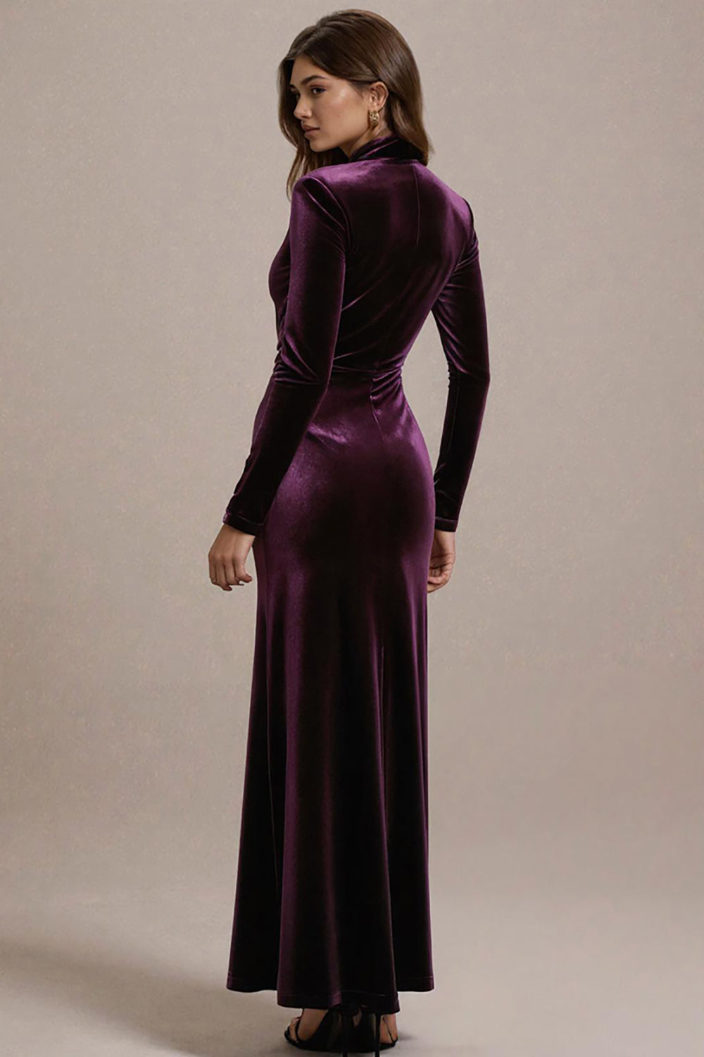 Plum Sheath Long Sleeves Black Tie Dress with Slit