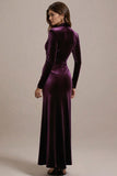 Plum Sheath Long Sleeves Black Tie Dress with Slit
