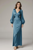 Grey Blue Sheath Satin V-Neck Long Black Tie Dress with Sleeves