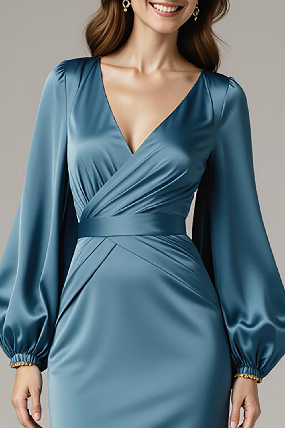 Grey Blue Sheath Satin V-Neck Long Black Tie Dress with Sleeves